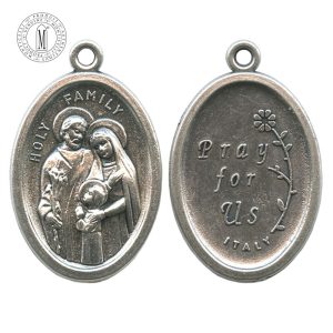 MB09E Holy Family medal, 22 mm (7/8"), double-sided with “Pray for Us” reverse, antique silver finish, Made in Italy