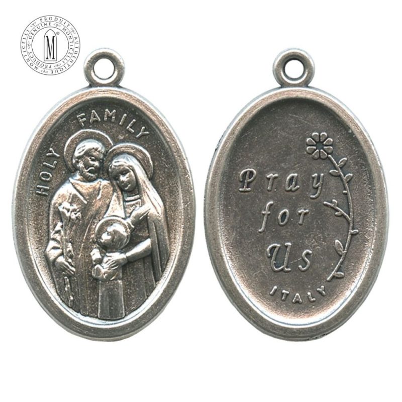 MB09E Holy Family medal, 22 mm (7/8"), double-sided with “Pray for Us” reverse, antique silver finish, Made in Italy