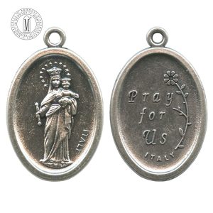 MB47E Mary Help of Christians medal, 22 mm (7/8"), double-sided with “Pray for Us” reverse, antique silver finish, Made in Italy