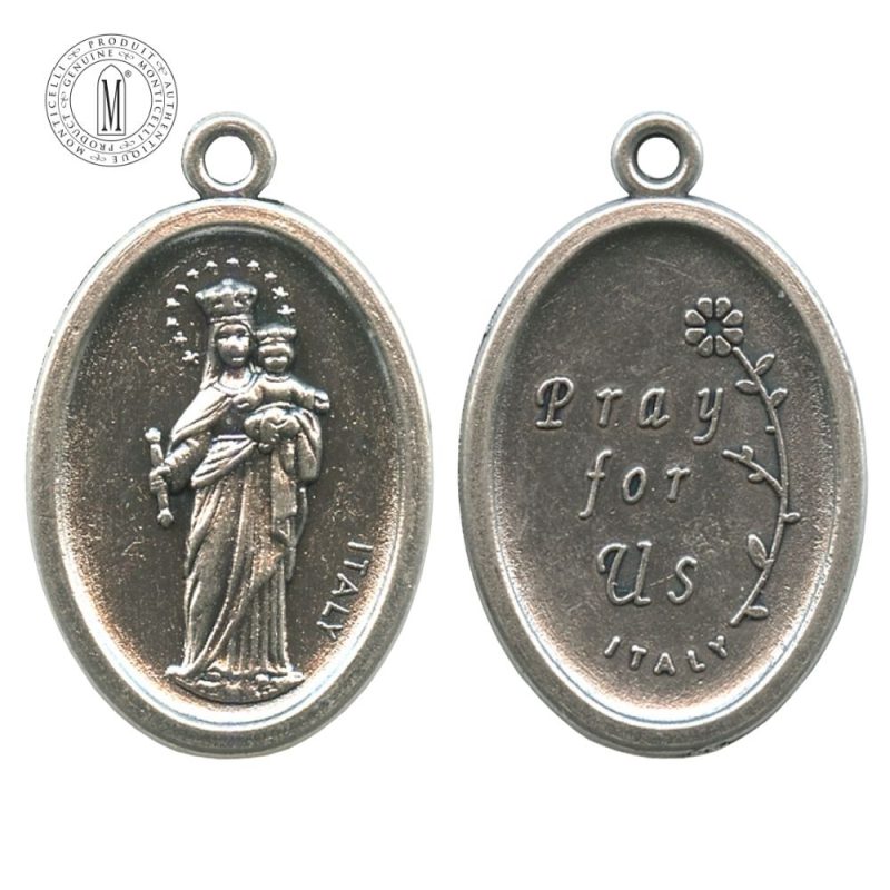 MB47E Mary Help of Christians medal, 22 mm (7/8"), double-sided with “Pray for Us” reverse, antique silver finish, Made in Italy