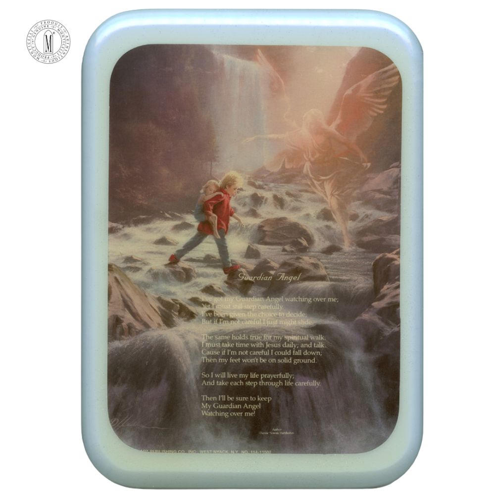 PL28B – Guardian Angel Boy Religious Plaque – Resin Coated Wood – 29 x 21 cm (11½ x 8¼”) – Made in Canada
